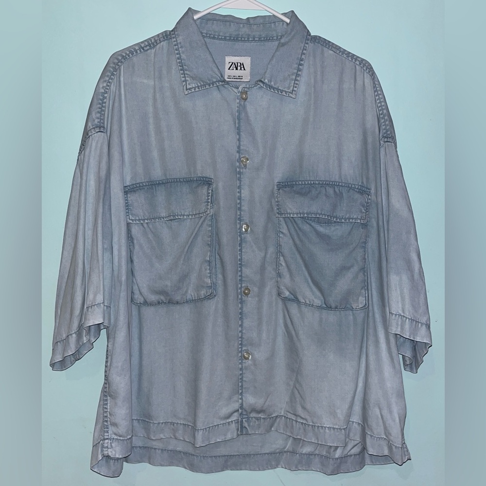 Zara Short sleeve Button down denim Shirt - light blue Men’s Sz Large